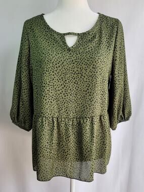 Boho COZY ROZY of California Green w/Black Polka Dots 3/4 Sleeve Blouse Size M